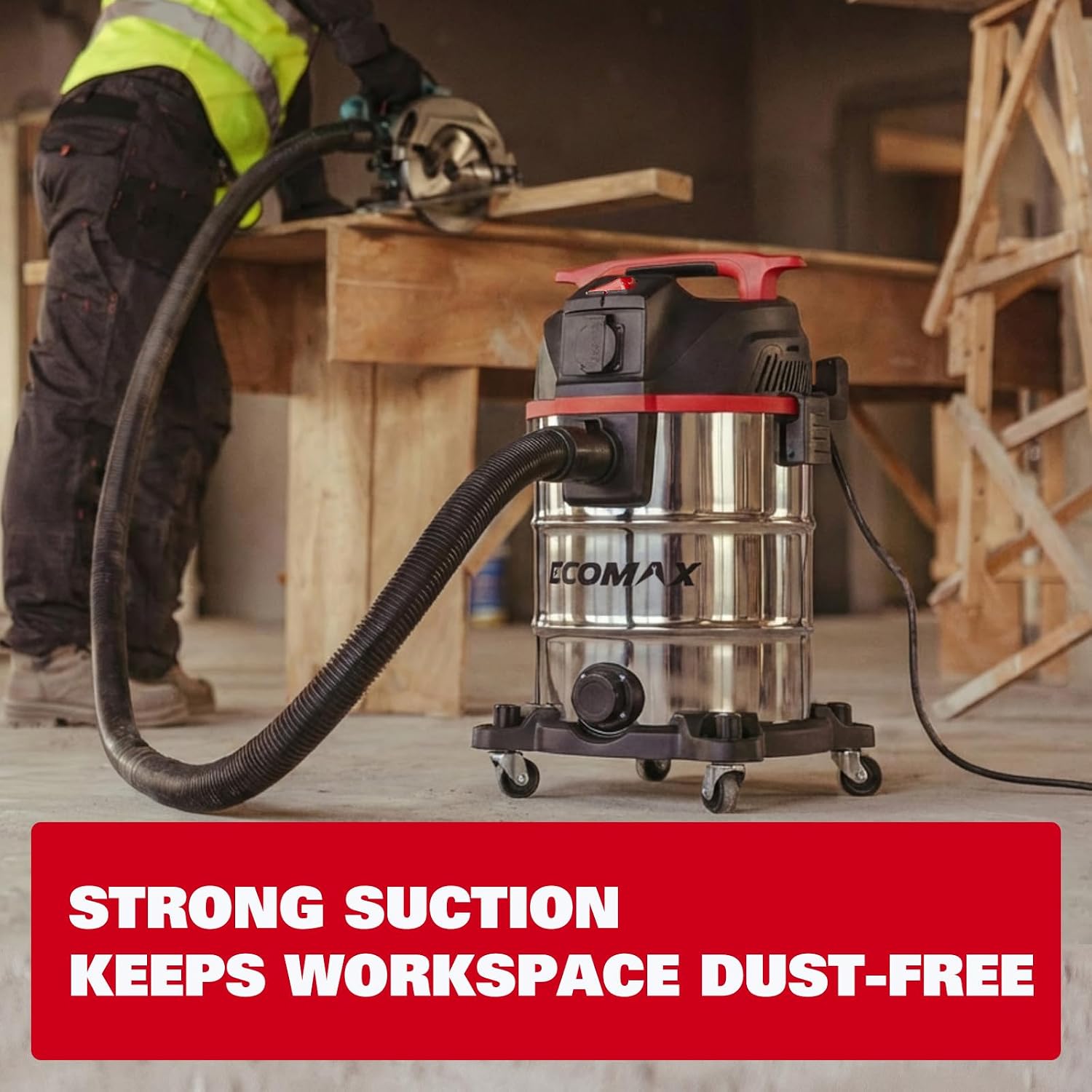 ECOMAX Dust Extractor, Shop Vac, Semi-auto Filter Clean, HEPA Filter, 8 Gallon Stainless Steel Tank 6.5 HP Wet Dry Vacuum, Anti-Static Hose, Dust-Full Indicator, for Woodworking