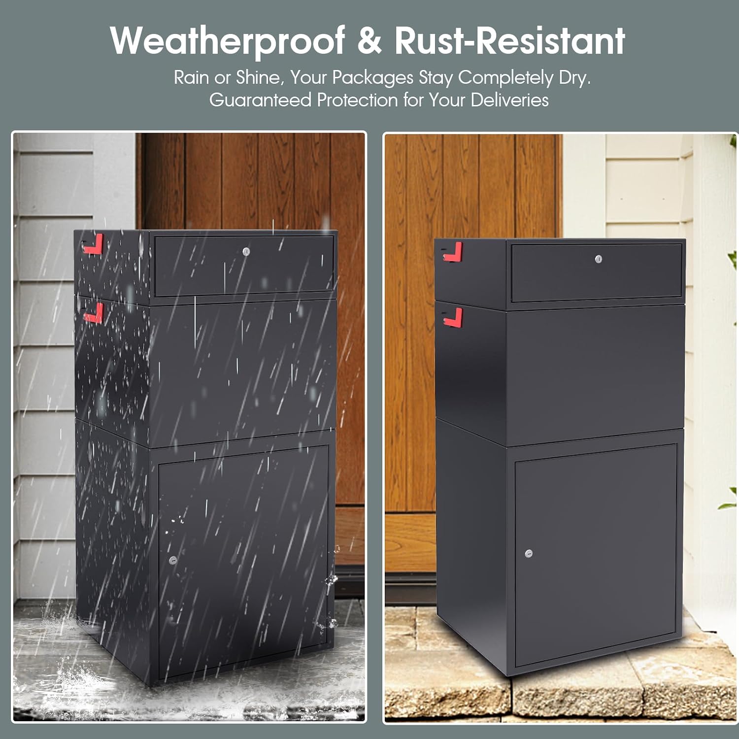 Large Secure Package Delivery Box for Outside with Key Lock, 48 * 23 * 21', Stainless Steel, 42 Gallon, Anti-Theft, Rust-Proof,Waterproof Box for Packages Delivery Outdoor（Black