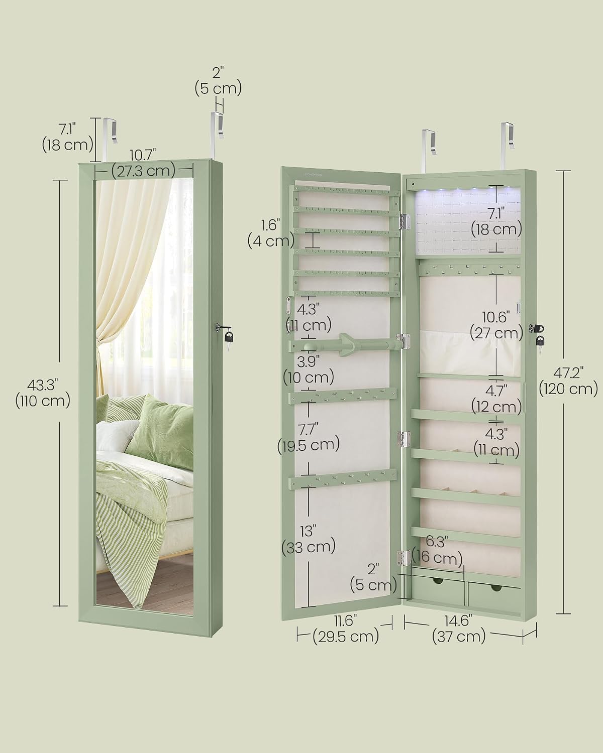 SONGMICS 6 LEDs Mirror Jewelry Cabinet, 47.2-Inch Tall Lockable Wall or Door Mounted Jewelry Armoire Organizer with Mirror, 2 Drawers, 3.9 x 14.6 x 47.2 Inches, Laurel Green UJJC093C01