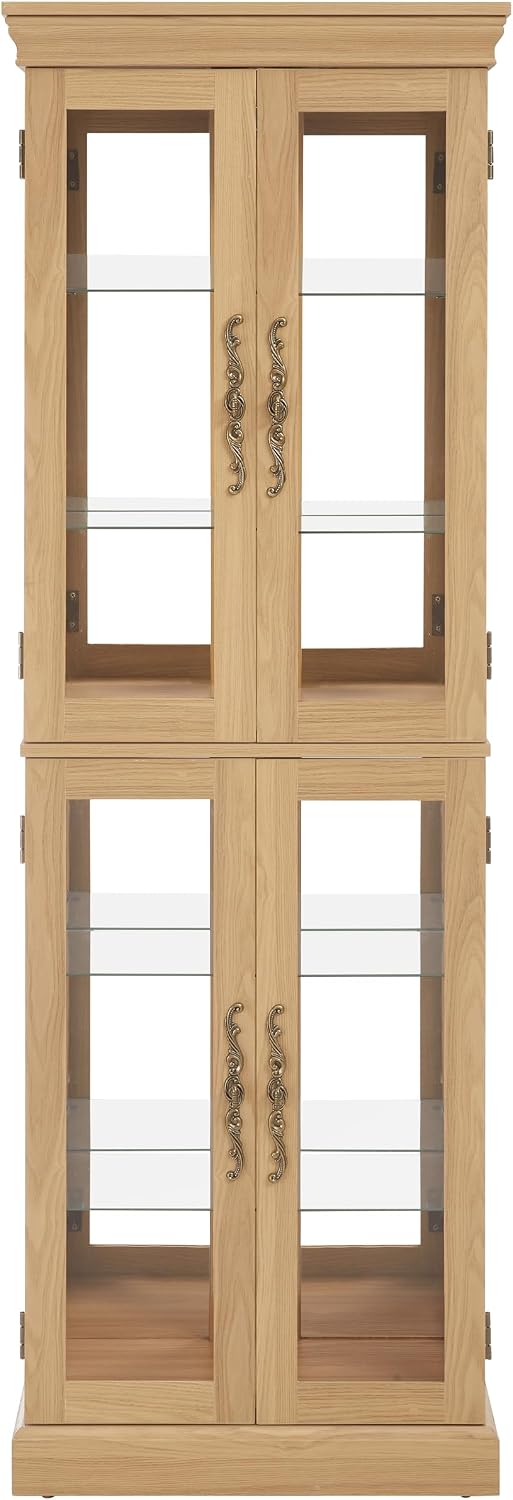 Ball & Cast Lighted Curio Cabinet,6-Tier Glass Display Cabinet with Adjustable Glass Shelves and Mirrored Back Panel for Living Room,Pantry Light Bulb Included,Light Oak