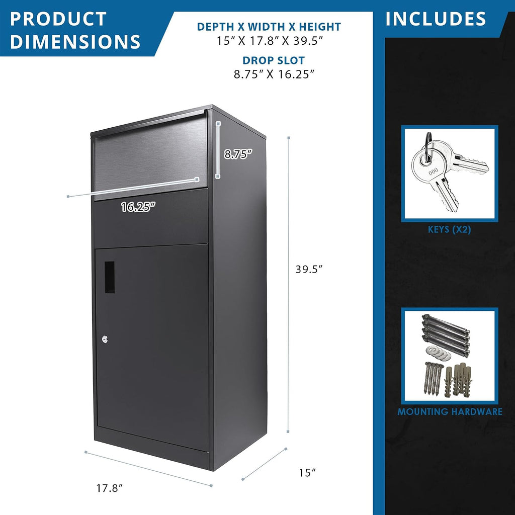 Winbest Large Steel Freestanding Floor Parcel Package Drop Box with Locking Letterbox and Multi Compartments, Black