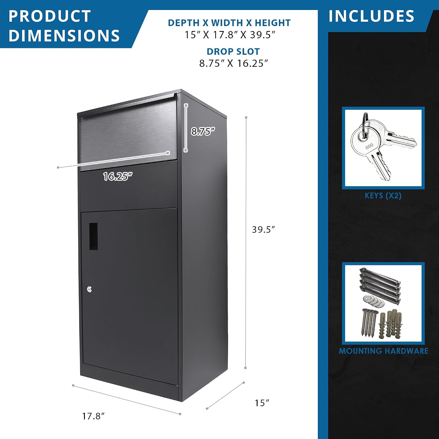 Winbest Large Steel Freestanding Floor Parcel Package Drop Box with Locking Letterbox and Multi Compartments, Black