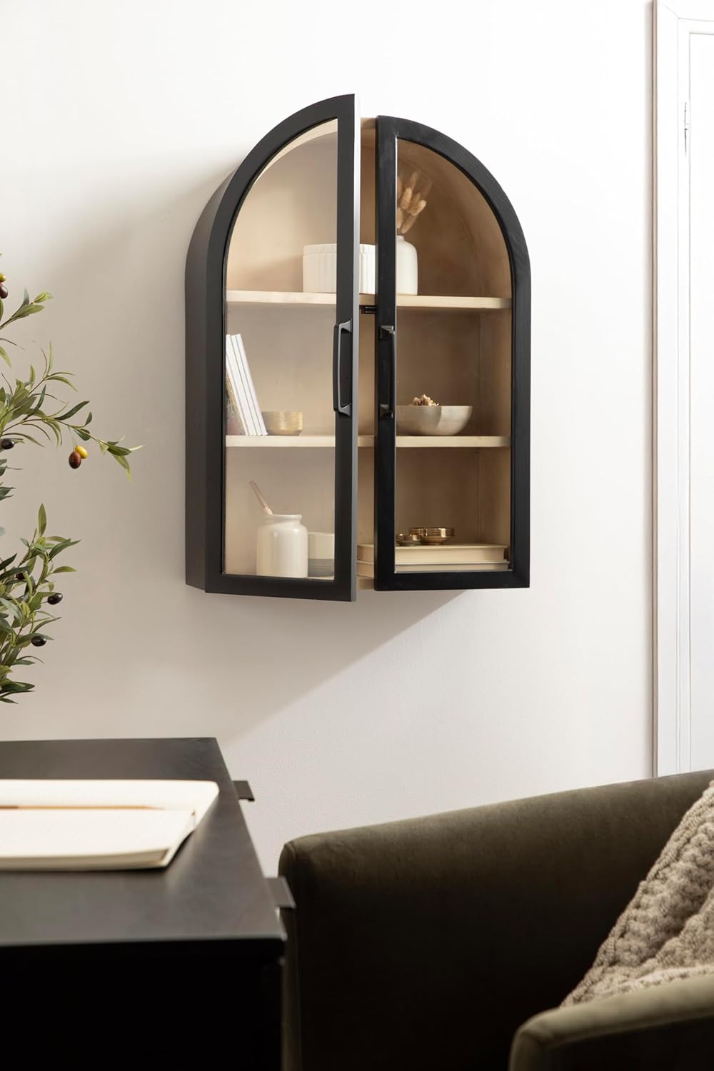 Kate and Laurel Arcott Modern Arch Wall Cabinet; 21 x 8 x 30; Natural Wood and Black; Transitional Arched Cabinet for Use as Over-the-Toilet Storage or Living Room Storage Cabinet