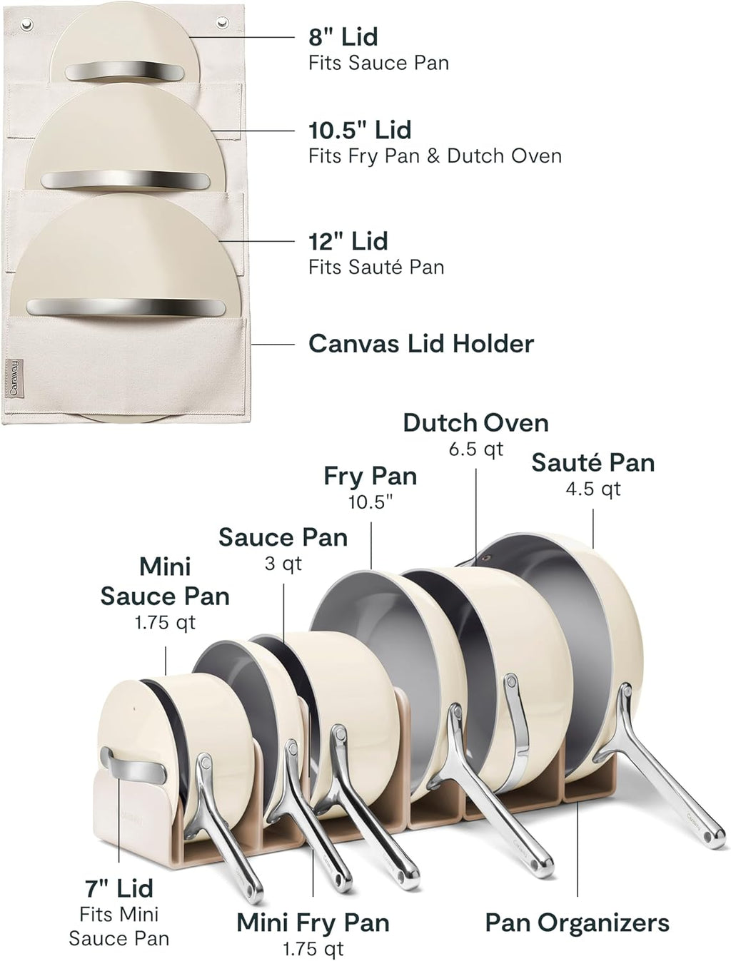Caraway 24-Piece Nonstick Ceramic Cookware Set - Includes Fry Pans, Sauce, Sauté Pan, Dutch Oven, Petite Cooker, Stir Fry, Rondeau, Stock Pot, Lids & Storage Organizers - Cream