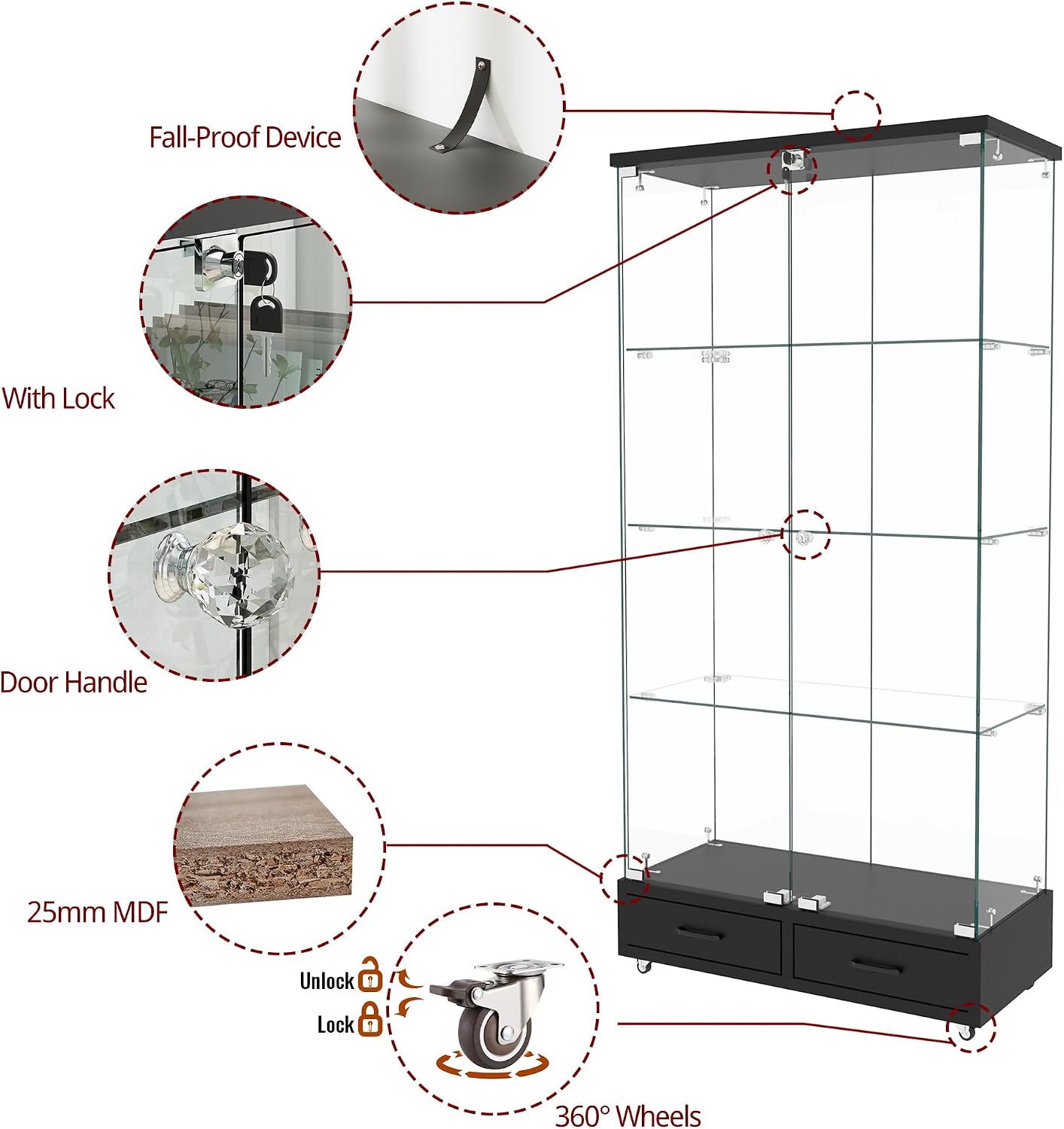 Modern Glass Display Cabinet with LED Light 4-Shelf Curio Cabinets with Storage Drawer and Wheels,Tempered Glass Display Shelf Bookcase for Living Room Home Office