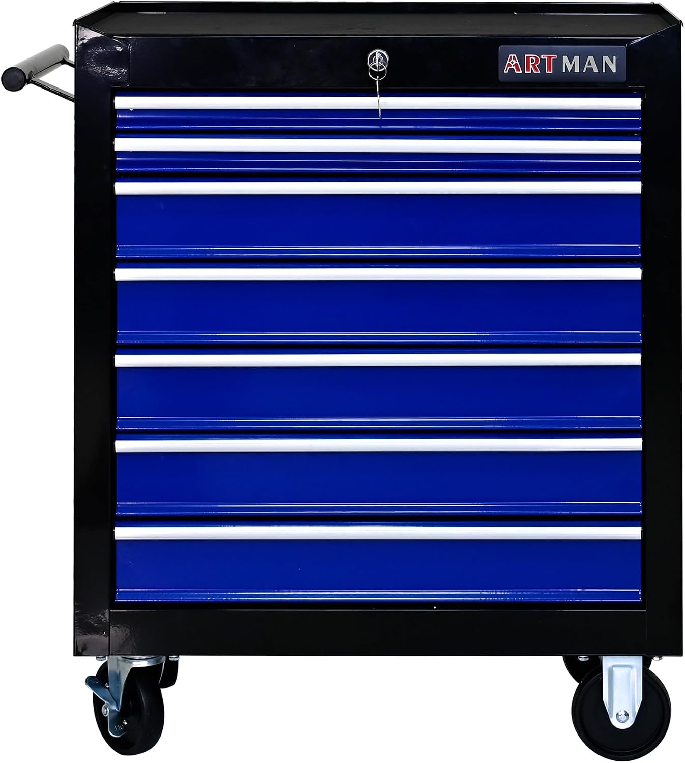Rolling Tool Cart with 7 Drawers, Lockable Heavy-Duty Steel Tool Cabinet on Wheels, 300 lb Capacity, Ball-Bearing Slides, Powder-Coated Finish, Garage Workshop Tool Storage Black+Blue