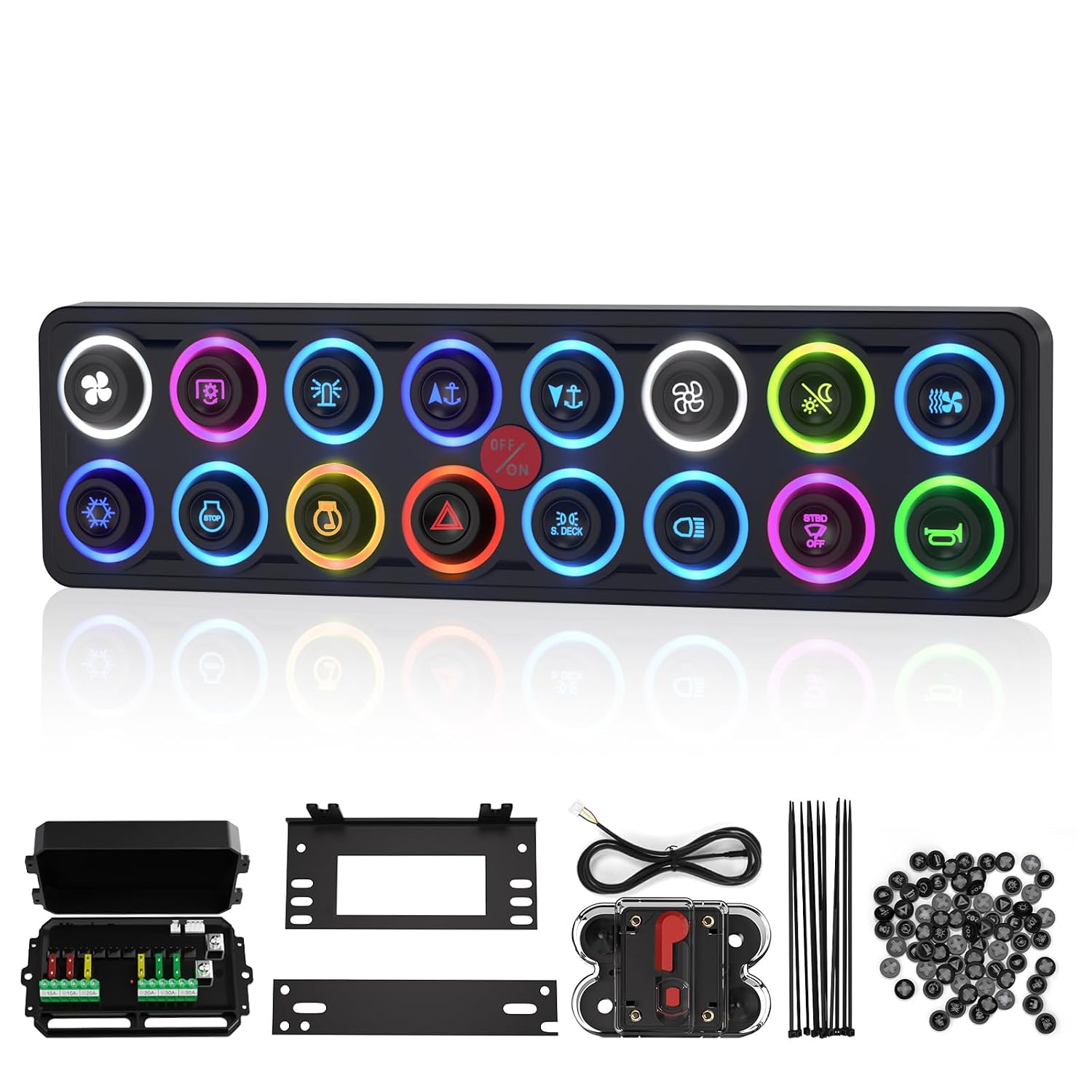 MaySpare Switch Panel Upgraded Multicolored Toggle Momentary Pulse Panel,Electronic Relay System for Yachts Trucks Off-Road Vehicles RVs SUVs UTVs ATVs- IP68 Waterproof (16 Gang Switch Panel)