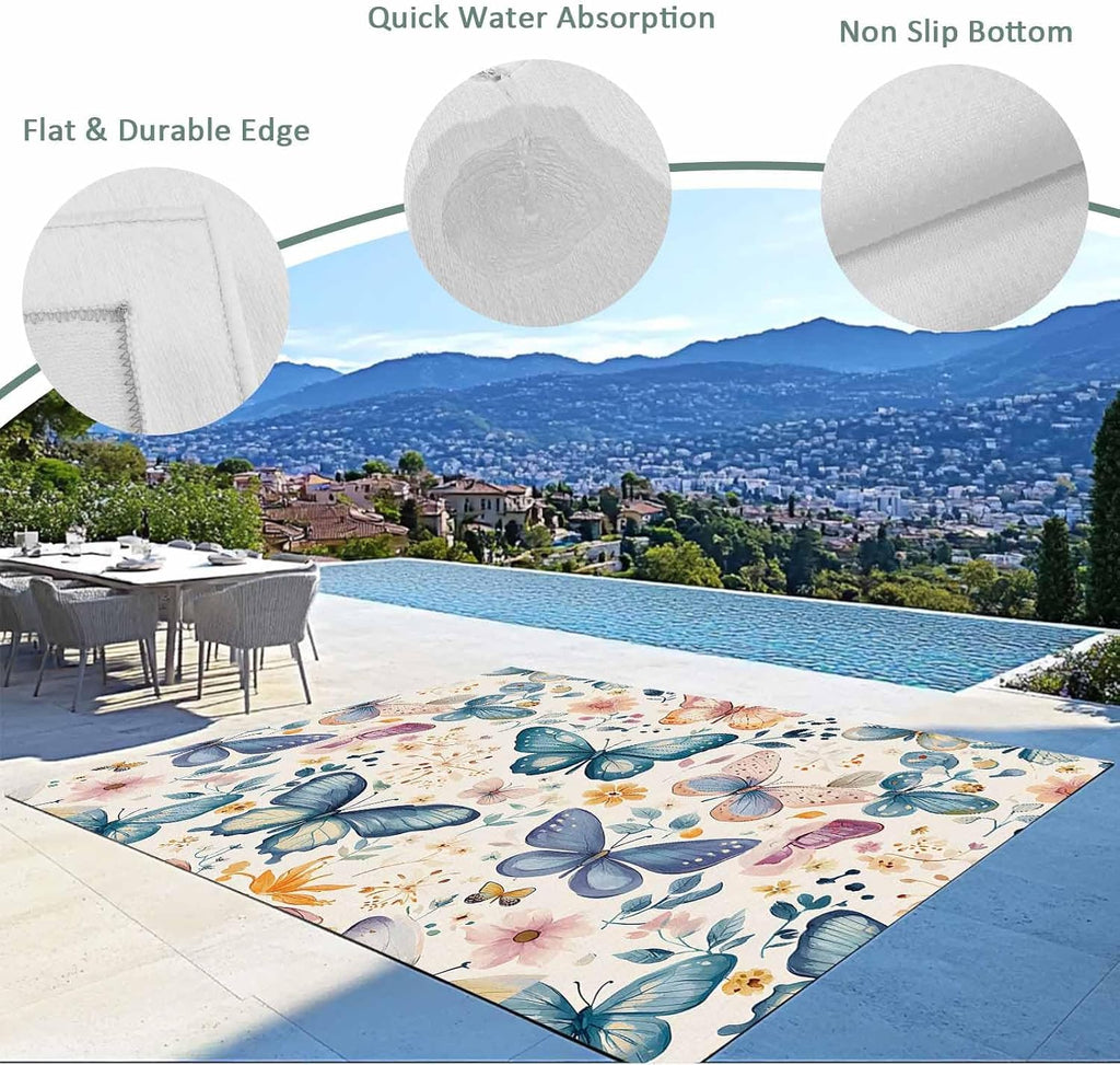 Outdoor Rug 4x6ft Retro Butterfly Leaves Patio Area Rugs Waterproof Easy Cleaning Non Shedding Thick Mats Vintage Carpet for Indoor Outdoor Porch Deck Backyard Balcony