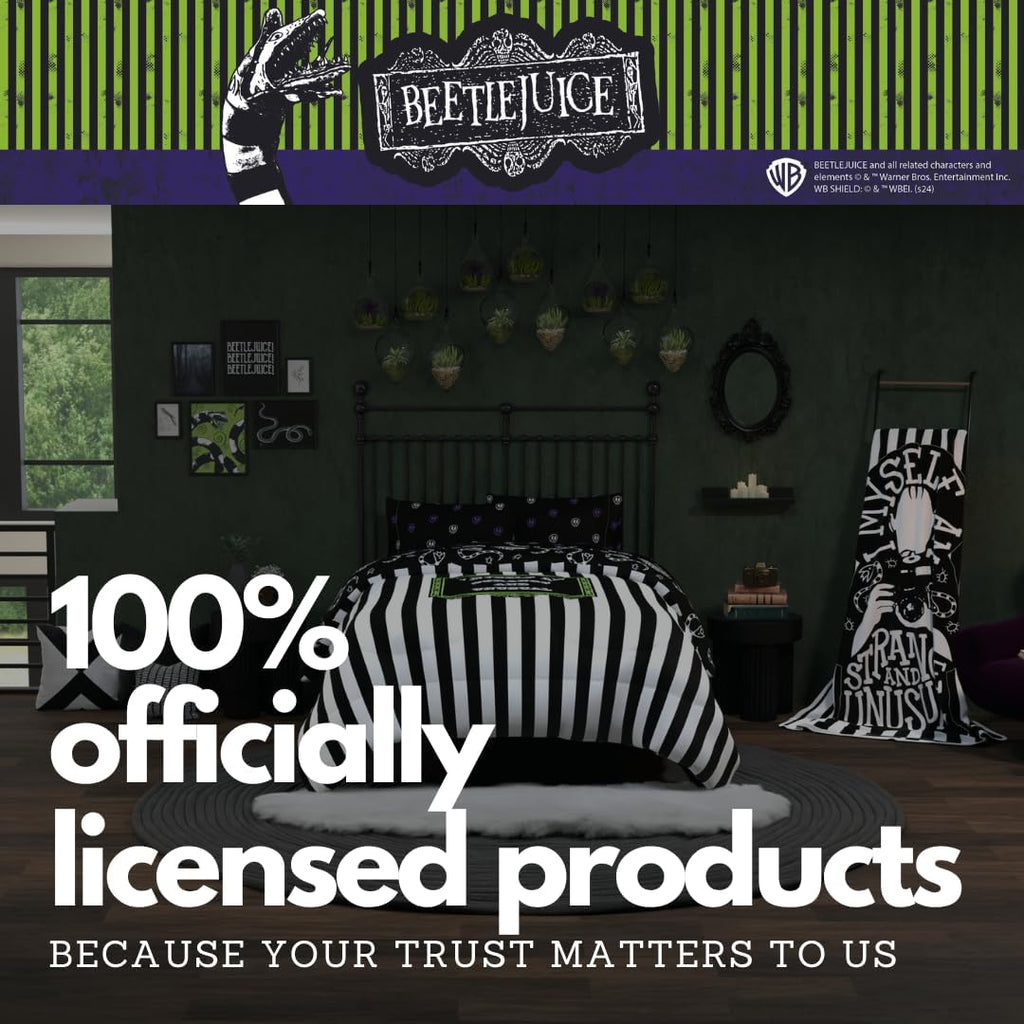 Franco Collectibles Beetlejuice Halloween Striped Bedding 5 Piece Super Soft Reversible Comforter and Sheet Set, Queen, (Officially Licensed Product)