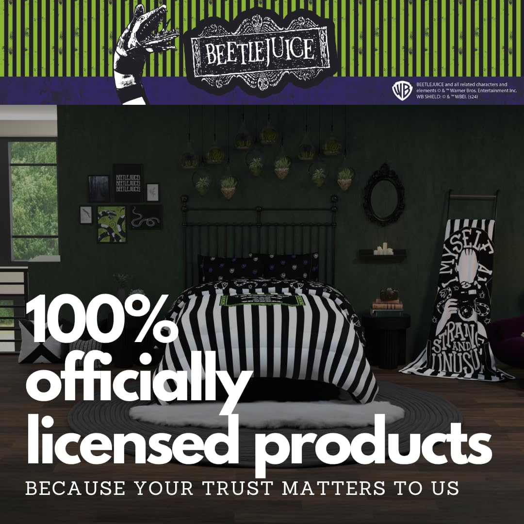 Franco Collectibles Beetlejuice Halloween Striped Bedding 5 Piece Super Soft Reversible Comforter and Sheet Set, Queen, (Officially Licensed Product)