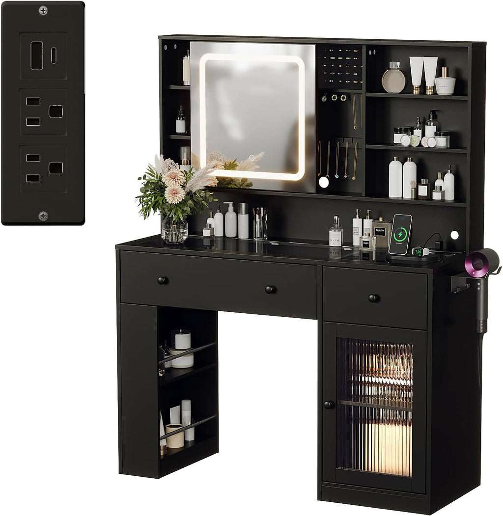 VINGLI Vanity Desk with Sliding Mirror and Lights, Glass Top Makeup Vanity Table w/Glass Cabinets w/Hidden Jewelry Storage & Power Outlets & Hairdryer Holder, 43in Black Dressing Table Gifts