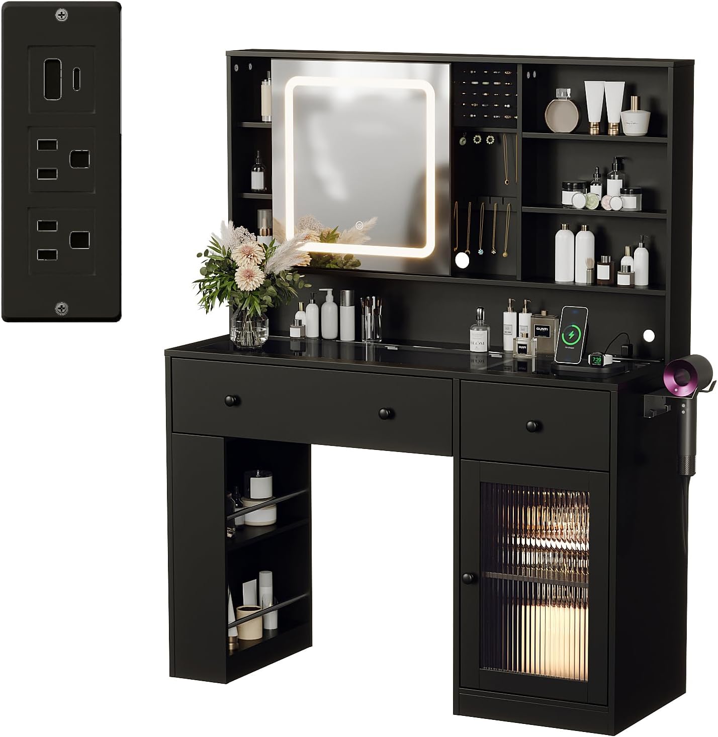 VINGLI Vanity Desk with Sliding Mirror and Lights, Glass Top Makeup Vanity Table w/Glass Cabinets w/Hidden Jewelry Storage & Power Outlets & Hairdryer Holder, 43in Black Dressing Table Gifts