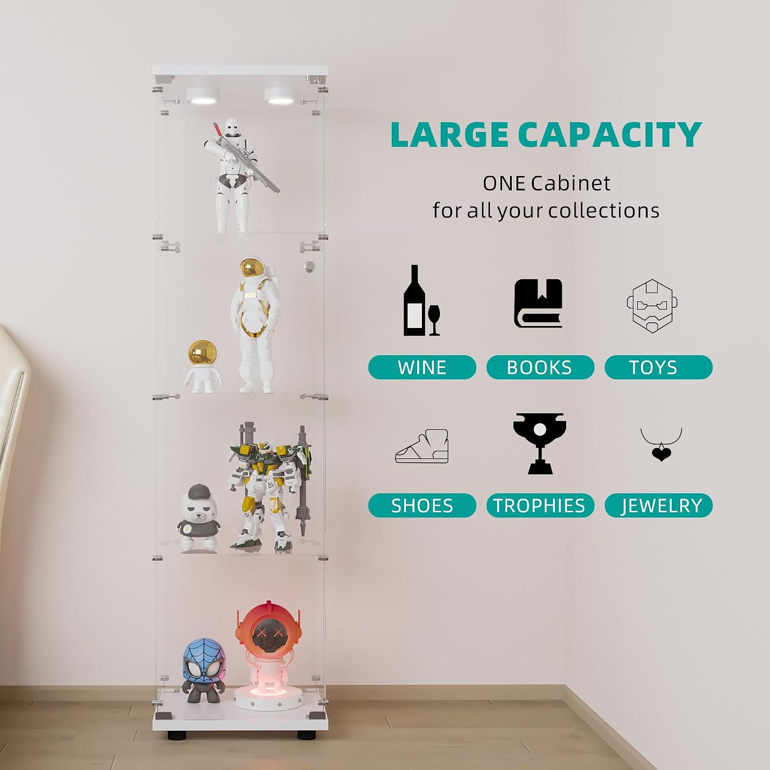 FANYUSHOW Display Cabinet with Glass Door and LED Light, 4-Tier Tempered Glass Display Shelf, Glass Curio Cabinet Collection Display Case, Display Case Cabinet, White 64.7' H x 16.7' L x 14.37' W