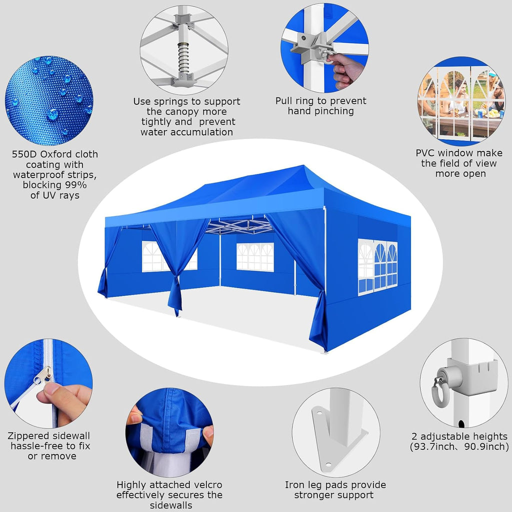 COBIZI 13x26 Pop up Canopy Heavy Duty with 6 Sidewalls, Easy Set-up Commercial Outdoor Party, 100% Waterproof Wedding Canopy Gazebo, 2 Height Adjustable with Wheeled Bag, Blue