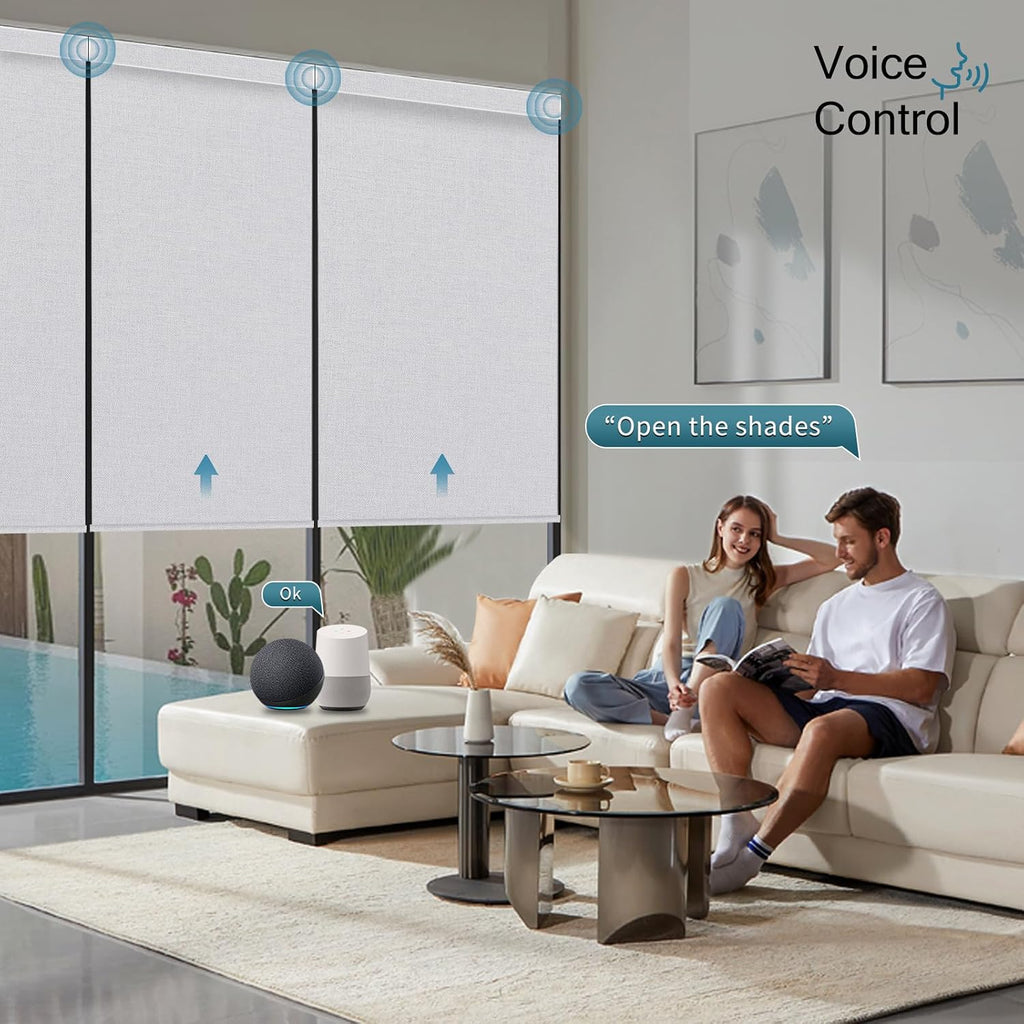 Motorized Roller Shade, 100% Blackout Smart Window Blinds Work with Homekit, Alexa, Google Home, Remote Control, Electric Blinds with USB/Solar Pannel Charging,Bouvardia Light Grey