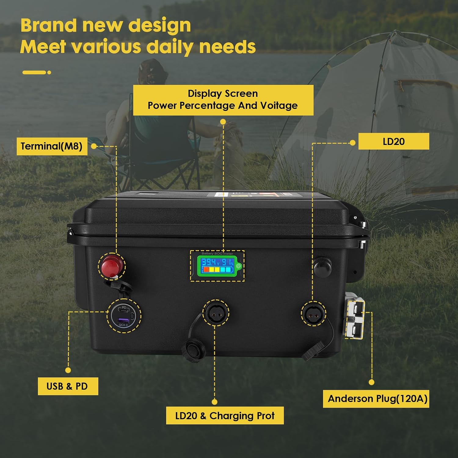 36V 100Ah LiFePO4 Battery with IP67 Waterproof Case, Built-in Monitor & Anderson Plug, 120A Smart BMS, Grade A Cells Lithium Battery for 36V Trolling Motor, Golf Cart, Marine, RV, Solar