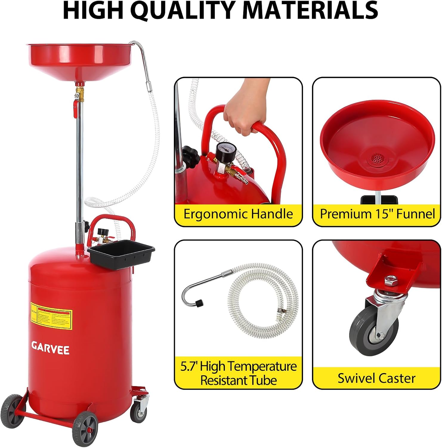 Garvee 20 Gallon Waste Oil Drain Tank, Portable Oil Drain Container, Air Operated Drainer, Fluid Fuel Transfer Drainage, Adjustable Funnel Height with Wheel &15'' Premium Bowl and a Toolbox