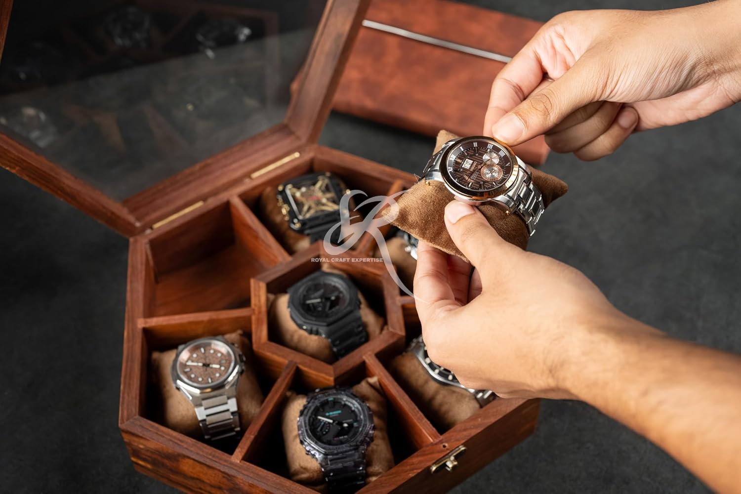 Premium 7-Slot Wooden Timepiece Display Case – Handcrafted Honeycomb Watch Box for Men in Superior Indian Rosewood | Hinged Glass Cover – Father's Day Gift – Luxury Built to Last