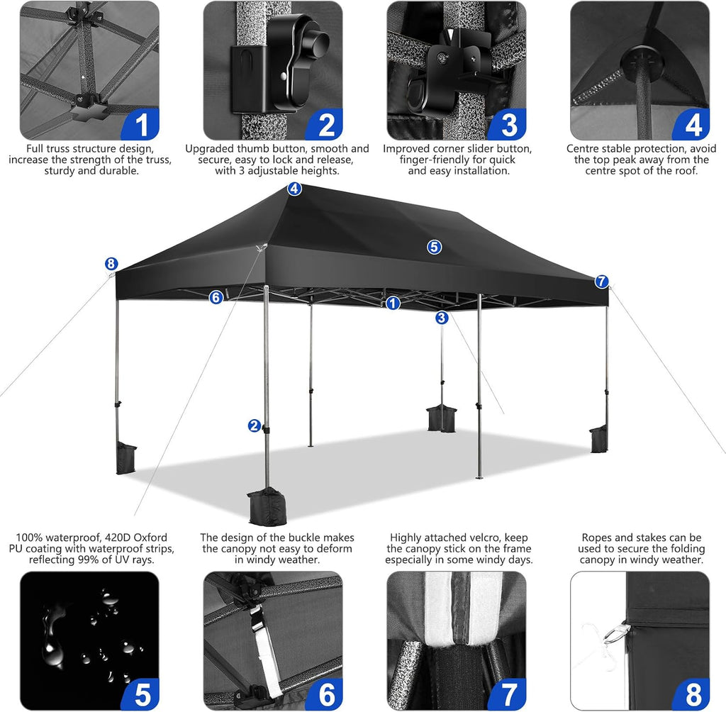 COBIZI Pop up Canopy Tent 10x20 Heavy Duty Gazebo with 6 Sidewalls, UPF 50+ All Weather Waterproof Commercial Outdoor Wedding Party Tents Canopy with Roller Bag, Black