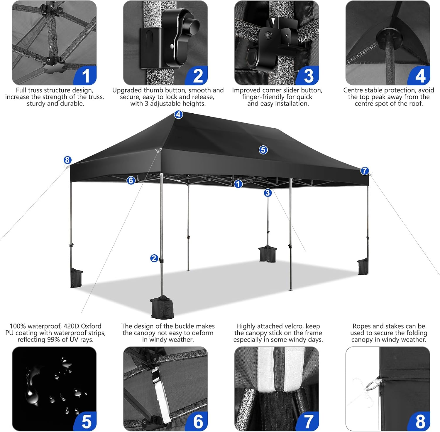 COBIZI Pop up Canopy Tent 10x20 Heavy Duty Gazebo with 6 Sidewalls, UPF 50+ All Weather Waterproof Commercial Outdoor Wedding Party Tents Canopy with Roller Bag, Black