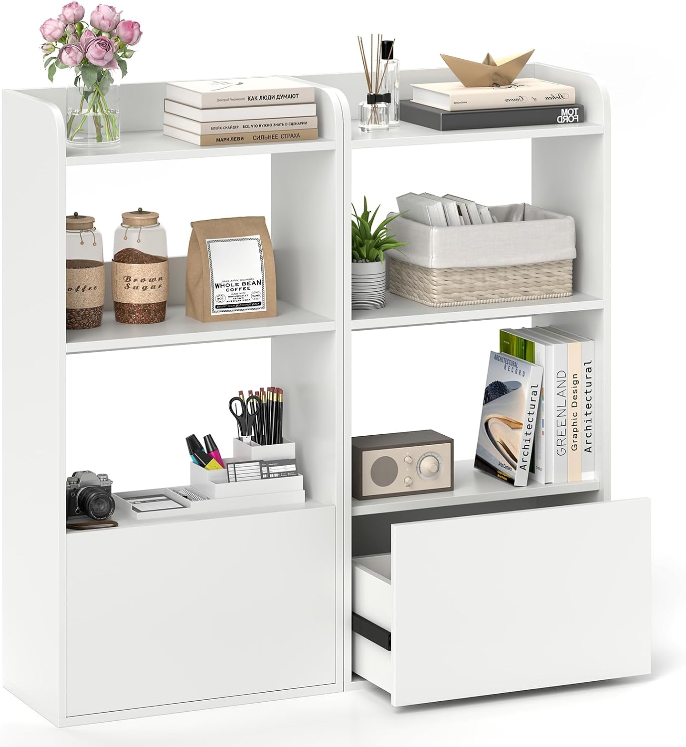 Giantex Bookshelf with Drawer Set of 2, 3-Tier 41.5' Tall Bookcase with Open Shelf, 2 Anti-Tipping Kits, Freestanding Storage Cabinet Display Shelf for Living Room, Bedroom, Office, White