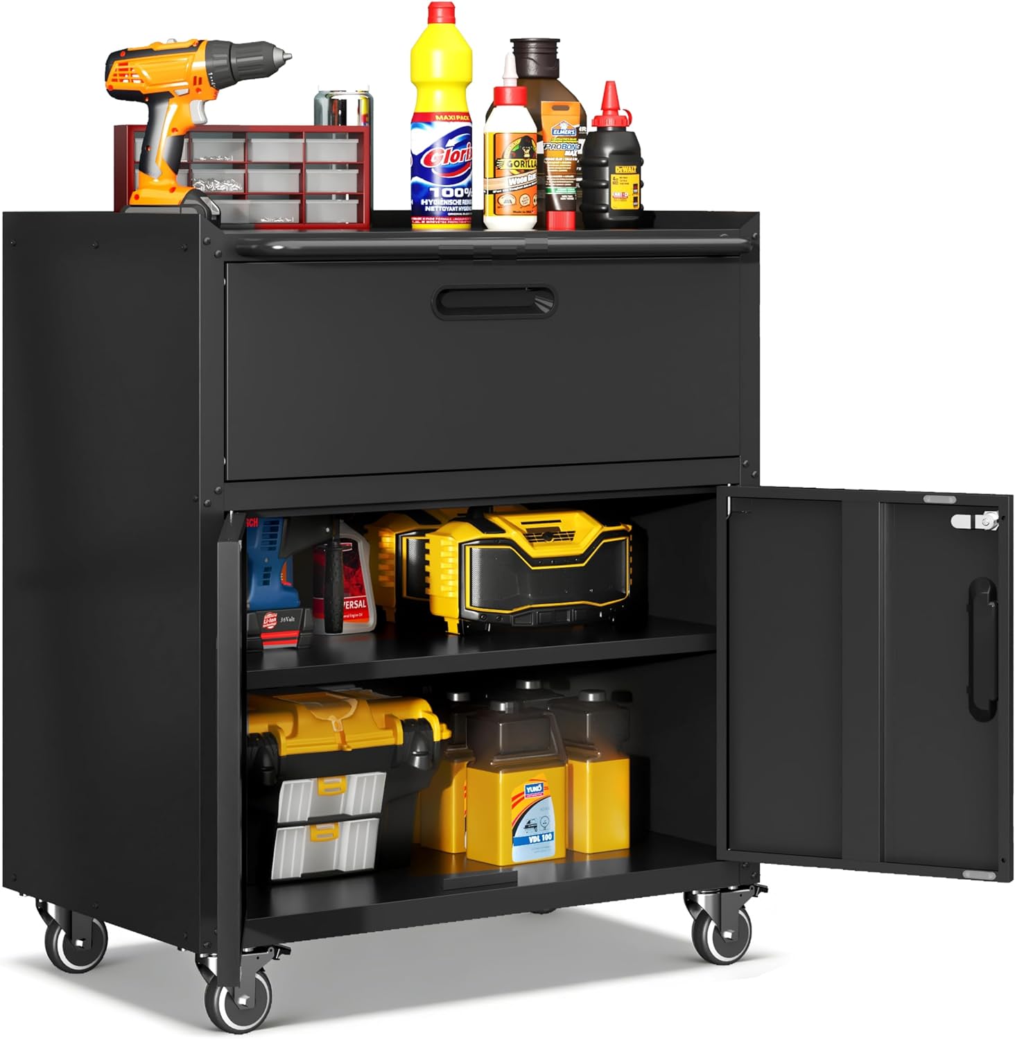 Garage Cabinets,Metal Garage Storage Cabinet with Wheels,Black Lockable Rolling Tool Cabinet with Drawer and Adjustable Shelves,Heavy Duty Tool Chest for Home Office Utility Room