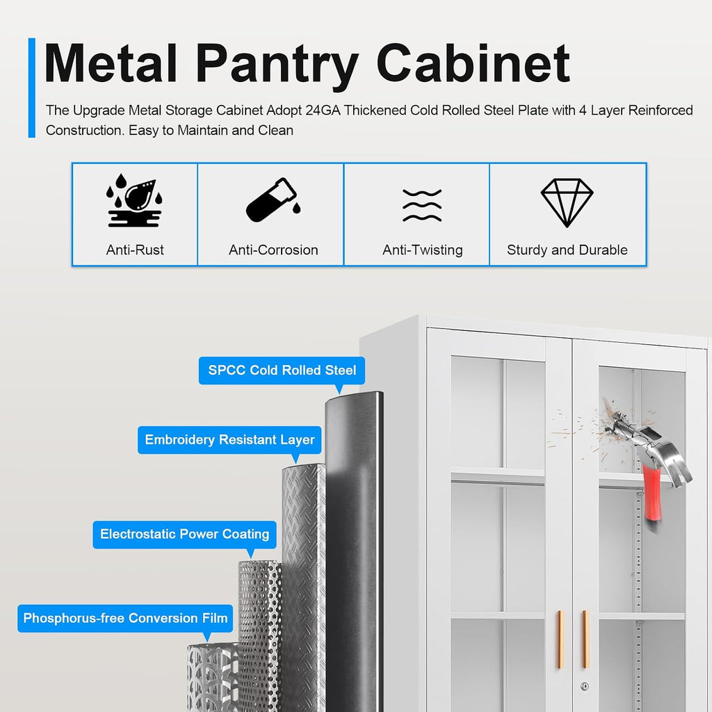 Polup Display Cabinet with Glass Doors, 71'' Tall Curio Cabinets with Lock, Metal Glass Display Case for Collectibles, Living Room, School, Commercial, White, Assemble Required