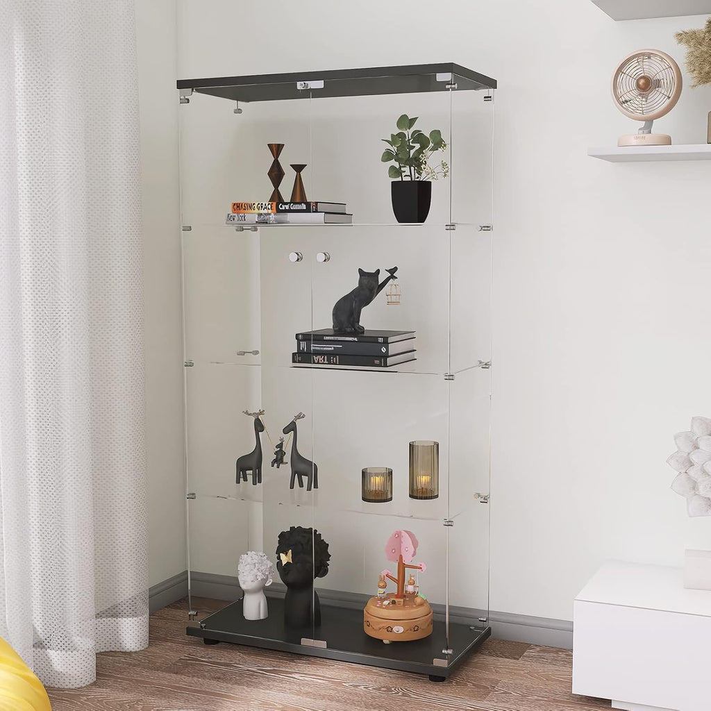 Modern 4-Tier Two-Door Glass Display Cabinet Shelves with Door Floor Standing Curio Glass Countertop Display Bookshelf for Living Room Bedroom Office