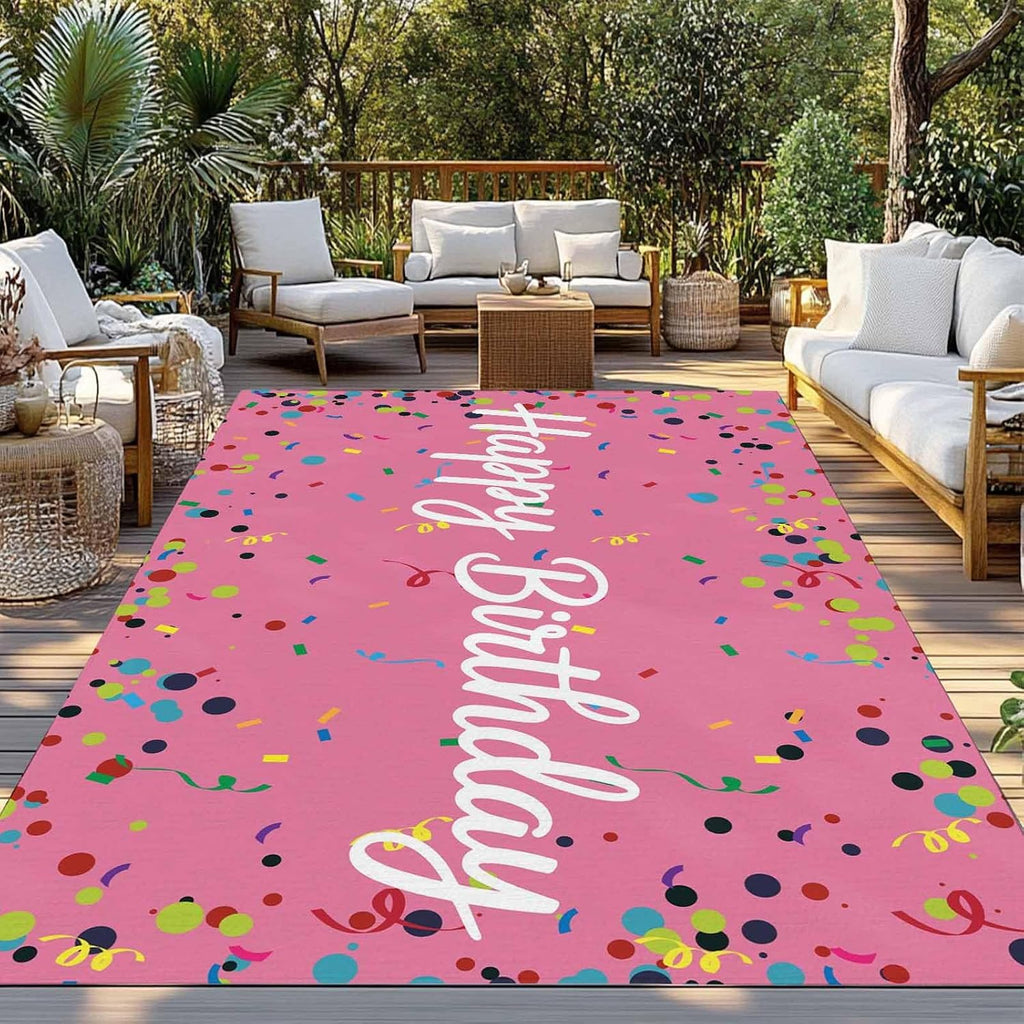 Outdoor Rug 4x6ft Colorful Happy Birthday Patio Area Rugs Waterproof Easy Cleaning Non Shedding Thick Mats Pink Carpet for Indoor Outdoor Porch Deck Backyard Balcony
