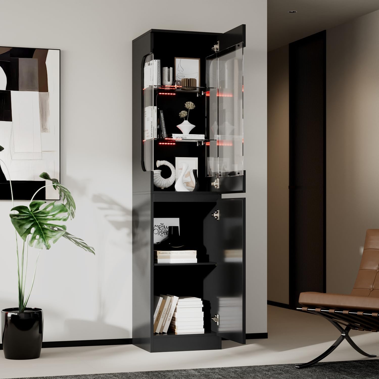 Glass Display Cabinet with 3 Color Lights for Collectibles, High Gloss Curio Cabinets with Glass Door & Adjustable Shelf, 15.7' W Slim Bookcases for Small Spaces, Living Room, Black