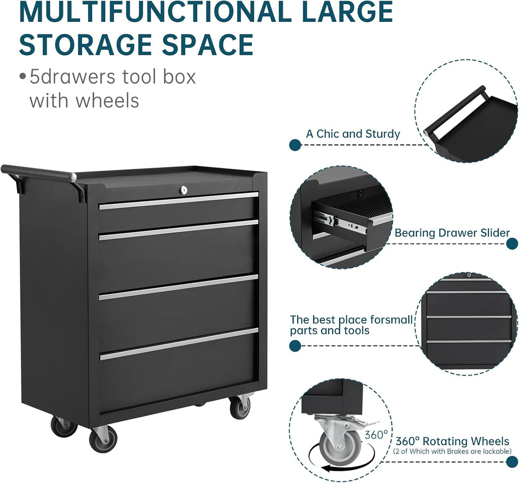 GarveeLife 4-Drawer Tool Box 24' Garage Tool Box with Key Lock and Removable Drawer Liners, Wheeled Design, Suitable for Garages, Warehouses, Workshops, and Repair Shops - Black