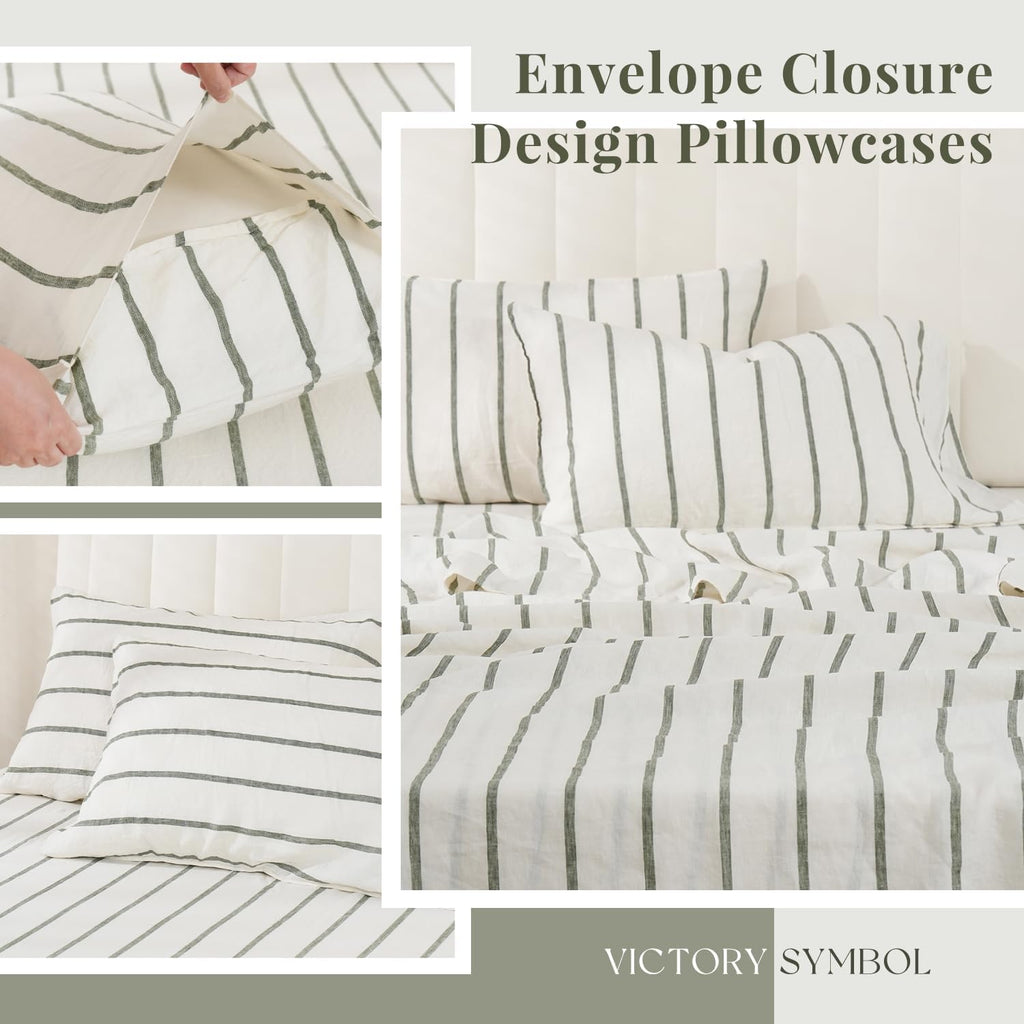 S VICTORY SYMBOL 100% Organic Linen Sheets Set,Yarn Dyed Green Vertical Stripe Bed Sheets,French Natural Flax Bedding Set,Queen Size Washed Linen 4pcs Farmhouse Bed Sheets