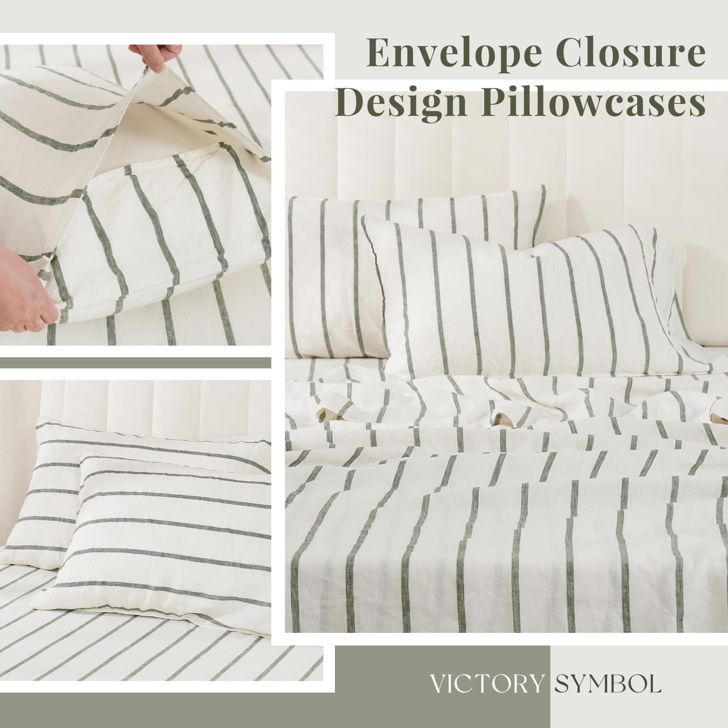 S VICTORY SYMBOL 100% Organic Linen Sheets Set,Yarn Dyed Green Vertical Stripe Bed Sheets,French Natural Flax Bedding Set,Queen Size Washed Linen 4pcs Farmhouse Bed Sheets