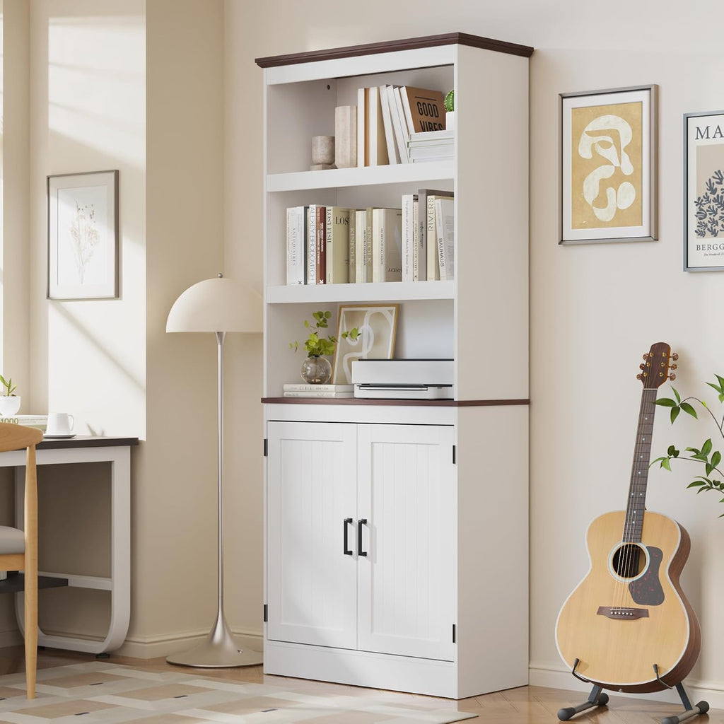 MHOM 71' Tall Bookshelf with Doors, 5 Tiers Farmhouse Bookcase with Adjustable Shelves, Wooden Rustic Display Cabinet for Home Office, Living Room, White