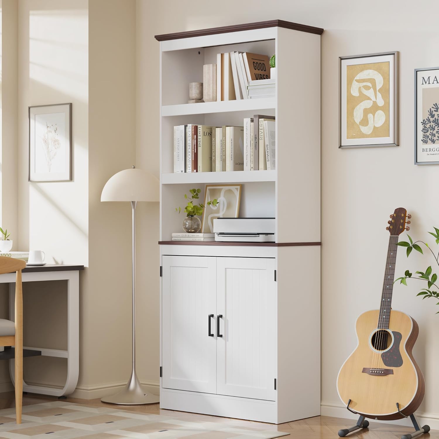 MHOM 71' Tall Bookshelf with Doors, 5 Tiers Farmhouse Bookcase with Adjustable Shelves, Wooden Rustic Display Cabinet for Home Office, Living Room, White