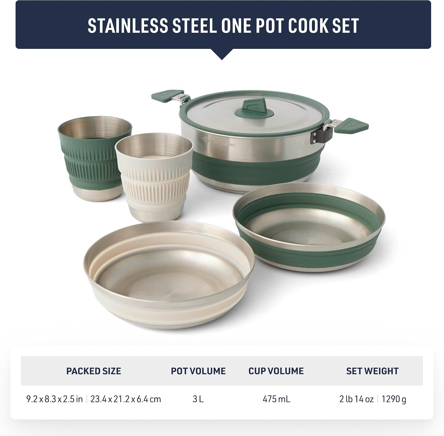 Sea to Summit Detour Stainless Steel One Pot Cook Set for Two (3 Liter Pot, 2 Large Bowls, 2 Mugs)