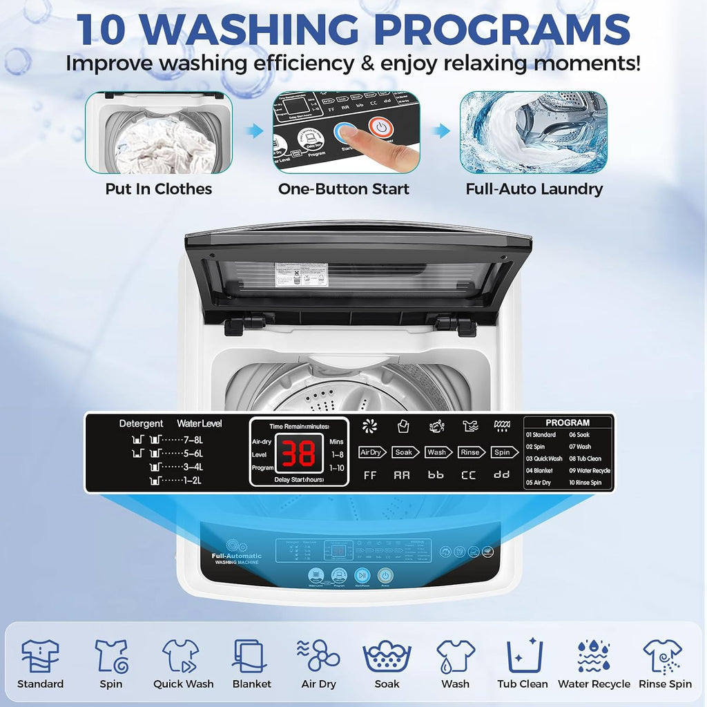 Nictemaw Portable Washing Machine 20Lbs Portable Washer Machine with Drain Pump, 2.8 Cu.ft Washer and Dryer Combo with 10 Programs 8 Water Levels Compact Washer for Apartments- Slow-Close Glass Cover