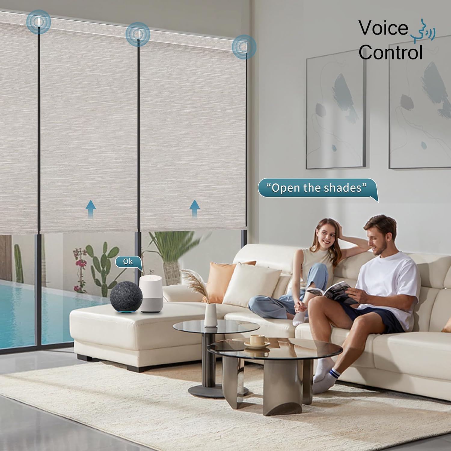 Motorized Roller Shade,100% Blackout Smart Window Blinds Work with Homekit, Alexa,Google Home, Remote, Electric Blinds with USB/Solar Pannel Charging,Classic Cream