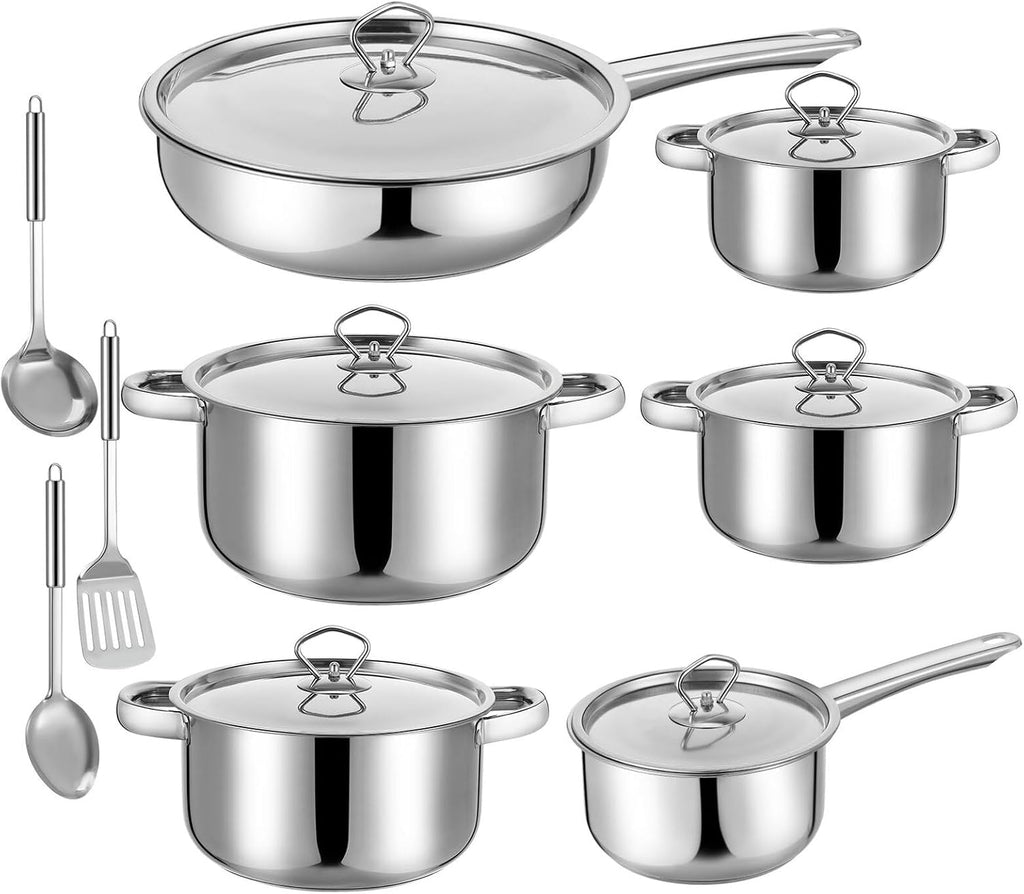 FAVOMOTO 15pcs Stainless Steel Pots and Pans Set with Composite Bottom, Induction Compatible Cookware with Lids and Cooking Utensils for Kitchen Use