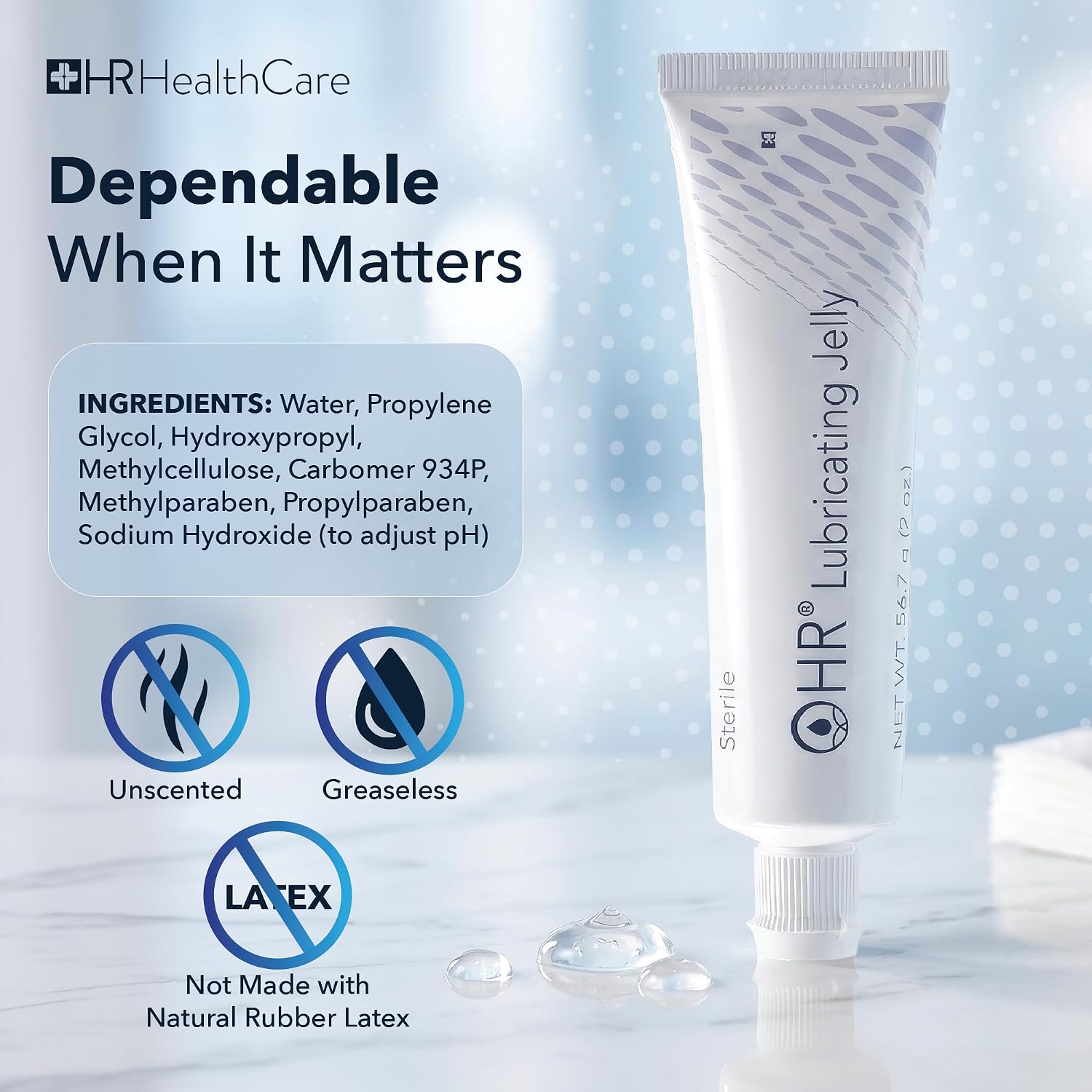 HR Lubricating Jelly 2 Ounce Tube, Case of 96 | Water-Soluble | Non-Greasy | Non-Staining | Latex-Free | Clear & Odorless | for Catheter, Exam, Thermometer & Instruments