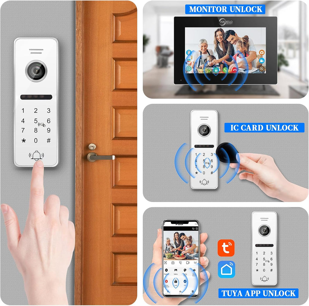 Wired Video Doorbell Apartment Intercom 3 Unit 7 Inch Touch Screen Monitor 1080P HD Camera 4 in 1 Unlocking Support RFID Card Password WiFi Smart Home Door Phone Kits for Home Villa,32G