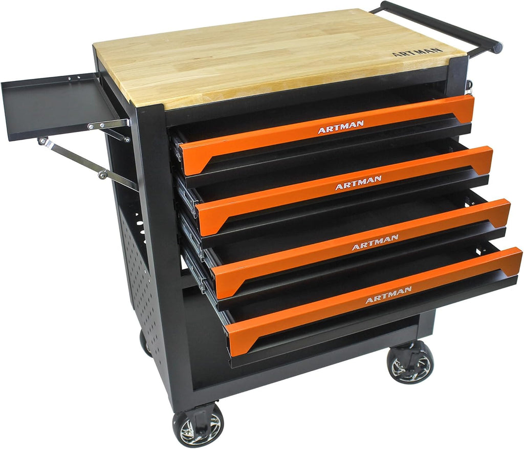 Campfun 4 Drawers Tool Box with Wheels Rolling Tool Cart with Drawers, Workbench Tool Box, Wooden Top Tool Boxes, Metal Multifunction Tool Cart for Garage, Warehouse, Repair Shop, Orange