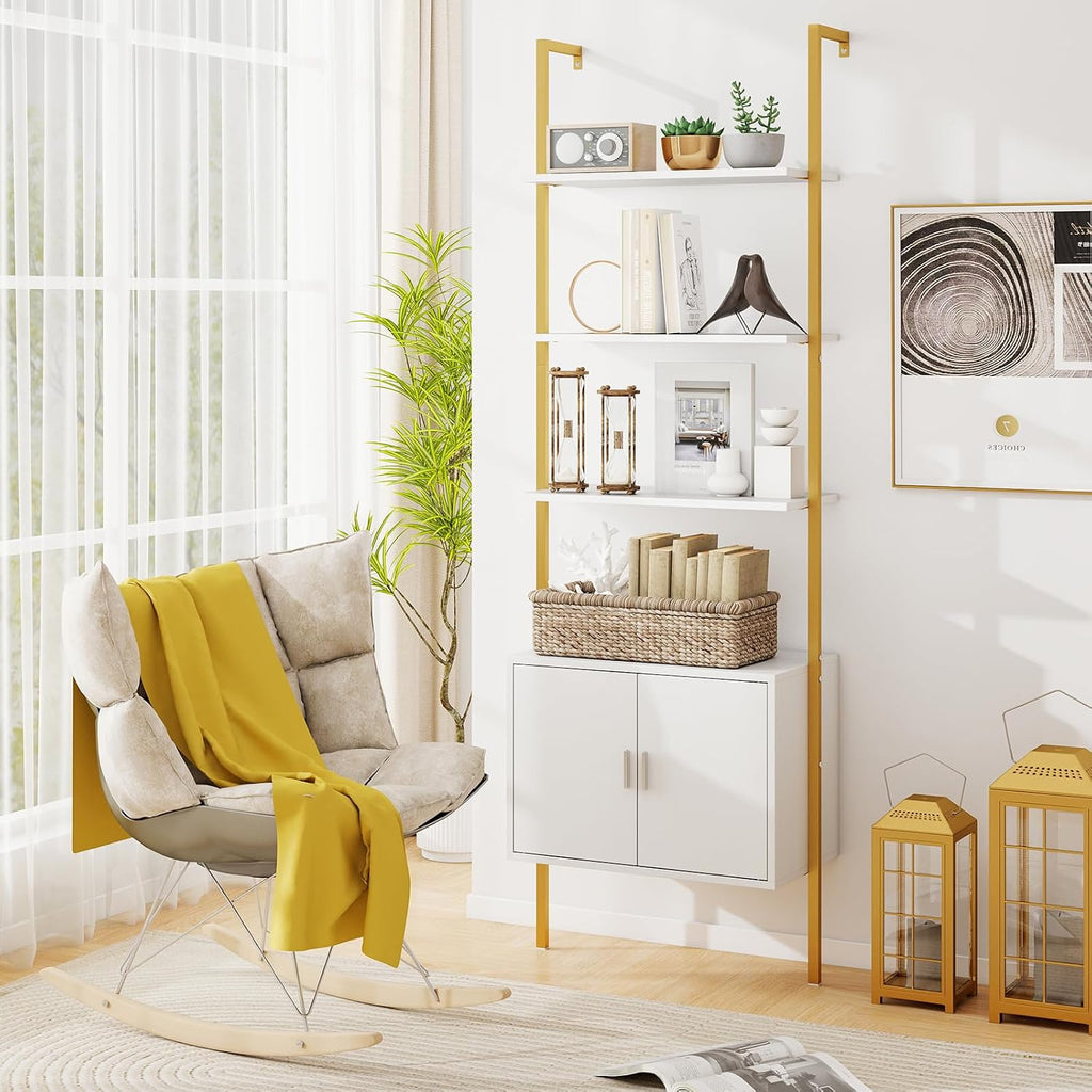 Giantex 5-Tier Wall-Mounted Ladder Shelves Set of 2, 72.5' Tall Bookshelf w/ 2-Door Cabinet, Modern Style Kitchen Open Shelving Organizer, Heavy-Duty Metal Frame Display Rack for Living Room