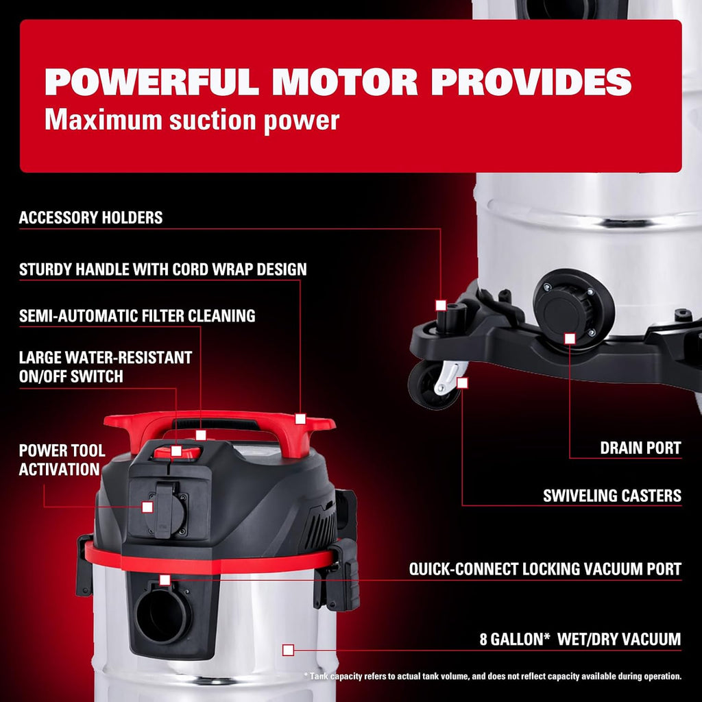 ECOMAX Dust Extractor, Shop Vac, Semi-auto Filter Clean, HEPA Filter, 8 Gallon Stainless Steel Tank 6.5 HP Wet Dry Vacuum, Anti-Static Hose, Dust-Full Indicator, for Woodworking
