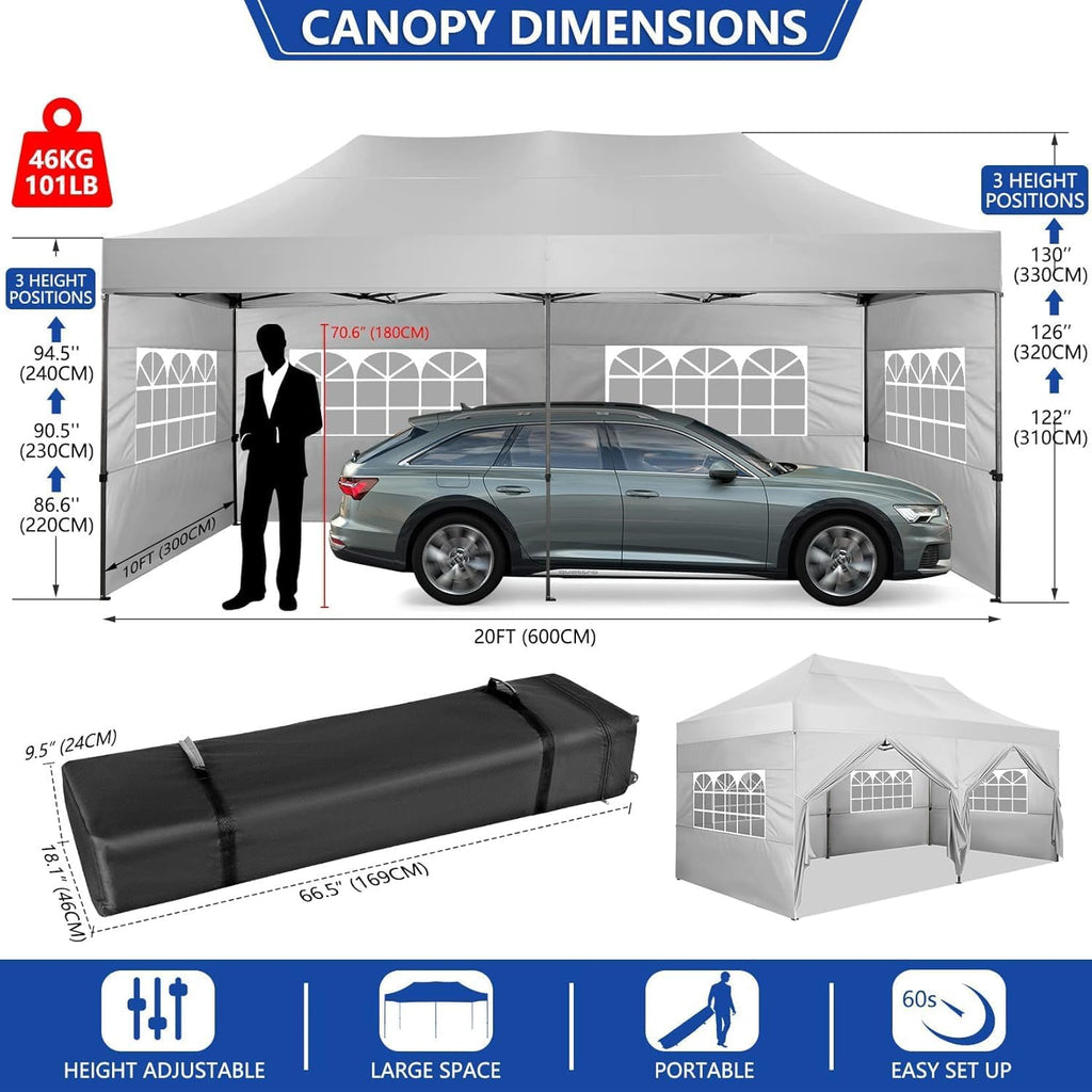 COBIZI 10x20 Pop up Canopy Tent Heavy Duty, Easy Set-up Commercial Outdoor Party Tents, 100% Waterproof Wedding Gazebo, 3 Height Adjustable with Wheeled Bag, White