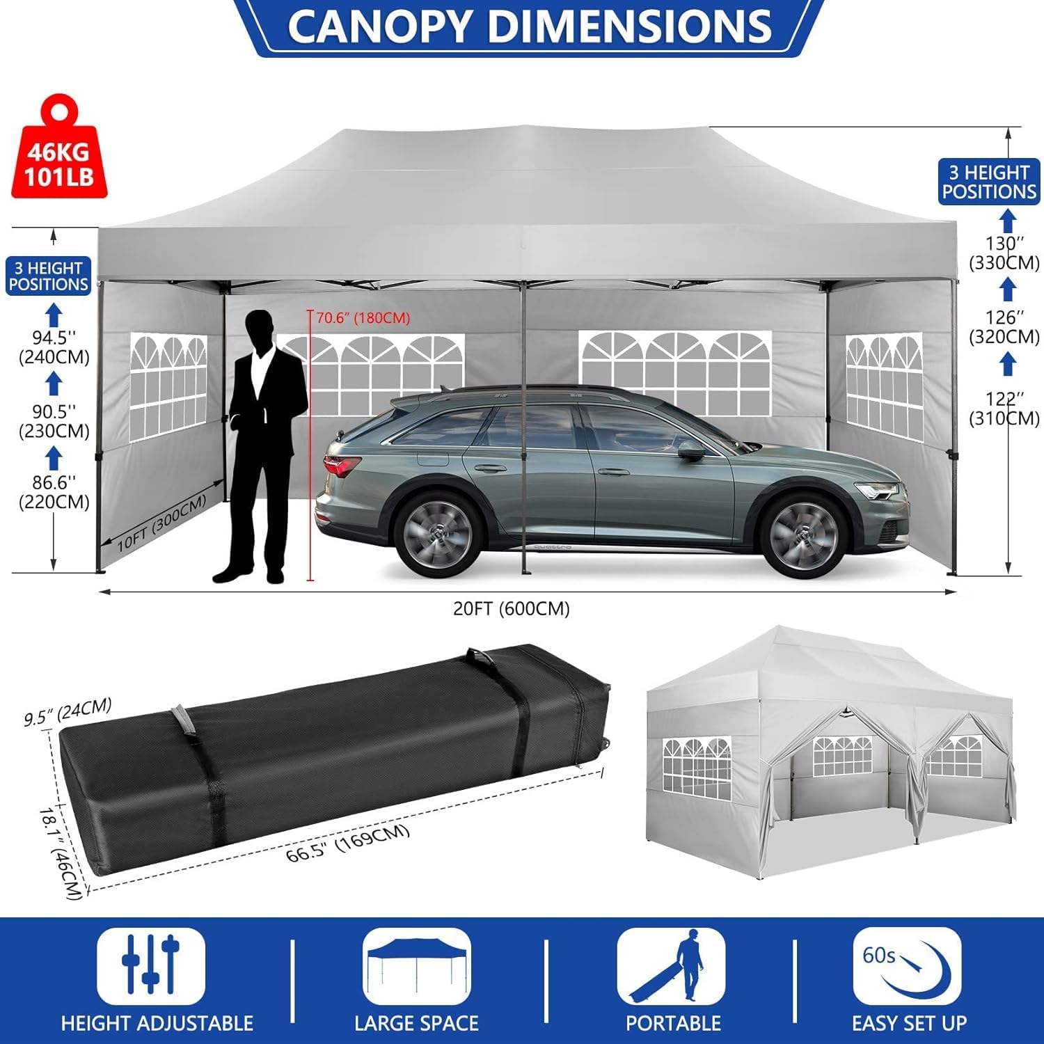 COBIZI 10x20 Pop up Canopy Tent Heavy Duty, Easy Set-up Commercial Outdoor Party Tents, 100% Waterproof Wedding Gazebo, 3 Height Adjustable with Wheeled Bag, White