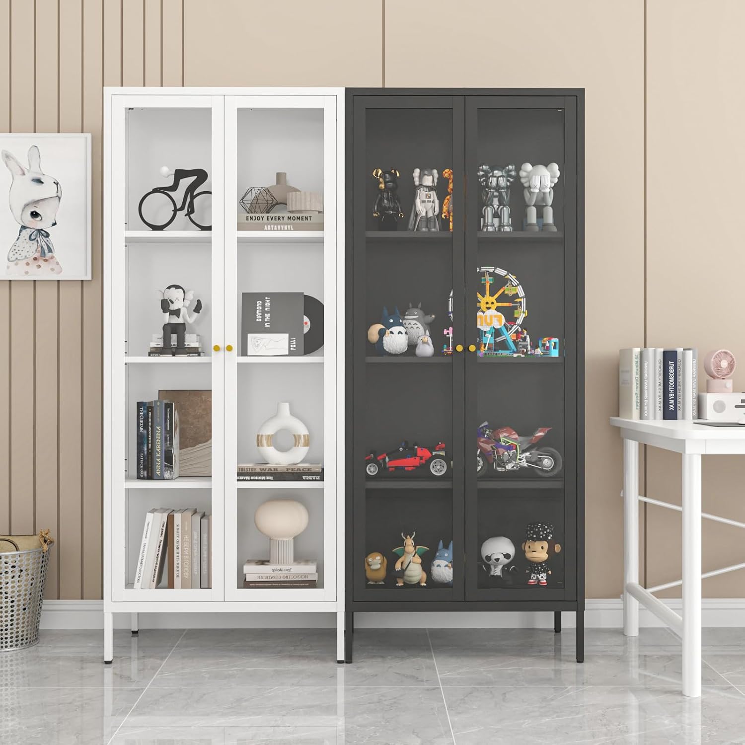 Metal Display Cabinet with Glass Doors, 66' Curio Cabinet with 3 Ajustable Shelves, Glass Display Case for Collectibles, Black Cabinets for Living Room