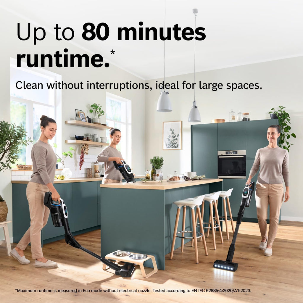 Bosch Unlimited 10 Cordless Stick Vacuum Cleaner - Up to 80 Min Battery, Pet Hair, Hard Floors, Carpets, HEPA Filter, Bendable Tube for Under Furniture, Upholstery, 3 Accessories, White