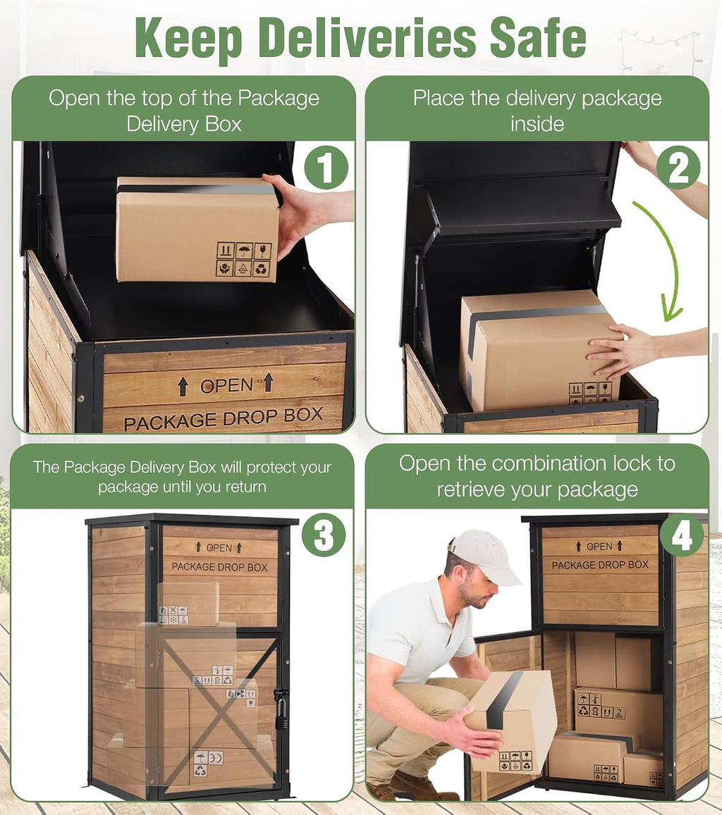 Package Delivery Boxes for Outside, Anti-Theft & Weatherproof Solid Wood with Iron Frame, Parcel Drop Box with Combination Lockable, Lockable Secure Package Holder for Porch