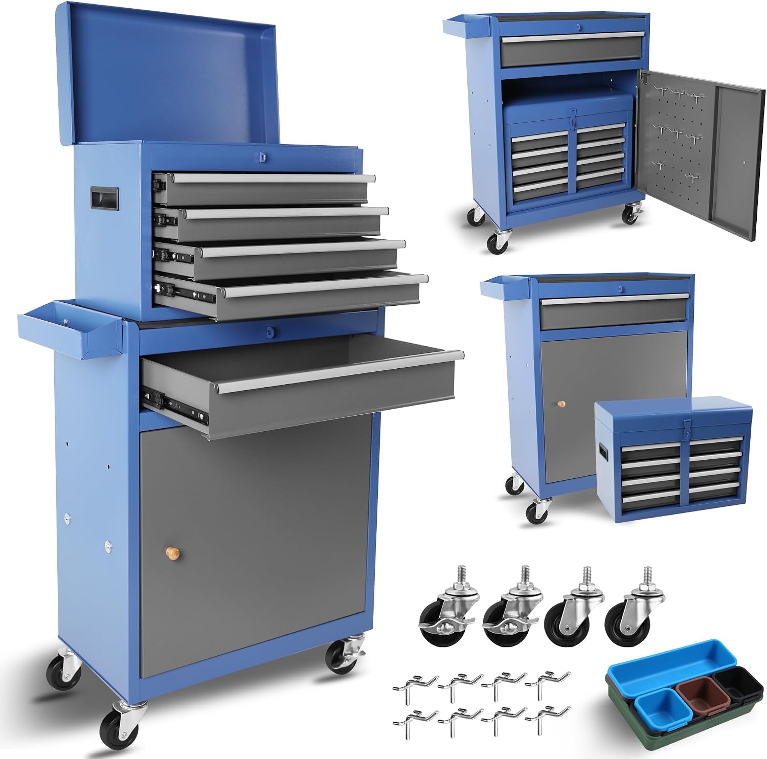 Tool Chest, 5-Drawer Rolling Tool Storage Cabinet with Detachable Top Tool Box, Liner, Universal Lockable Wheels, Adjustable Shelf, Locking Mechanism, Metal Tool Cart for Garage Workshop